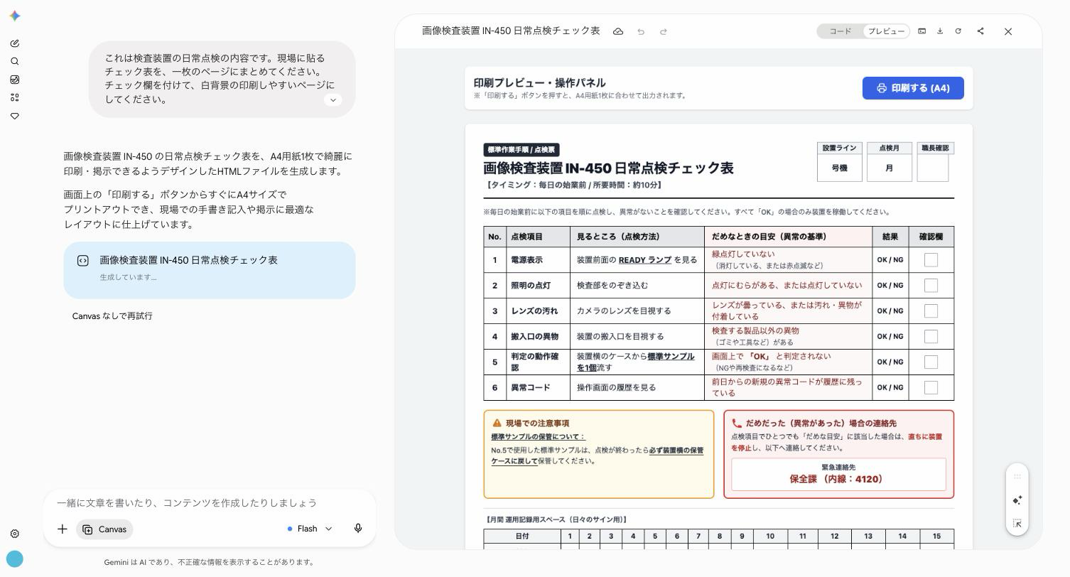 Canvas で作られた IN-450 日常点検チェック表。点検項目と見るところとだめな目安が表になり、OK NG 欄とチェック欄が付いている